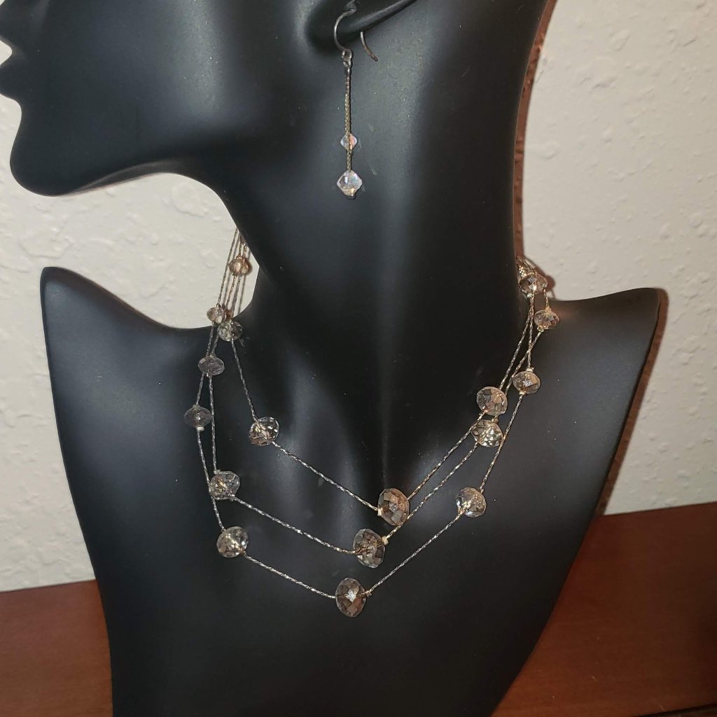 Silver Tiered Necklace With Crystal Beads _with Matching Earrings